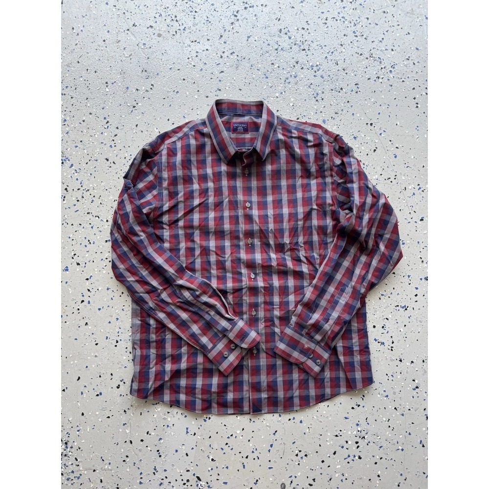 UNTUCKit Red Blue Gray Plaid Slim Fit Winkle Free Cotton L/S Btn Down‎ Large